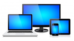 Computer monitor, laptop, tablet pc, and mobile smartphone with a blue screen. Isolated on a white. 3d image